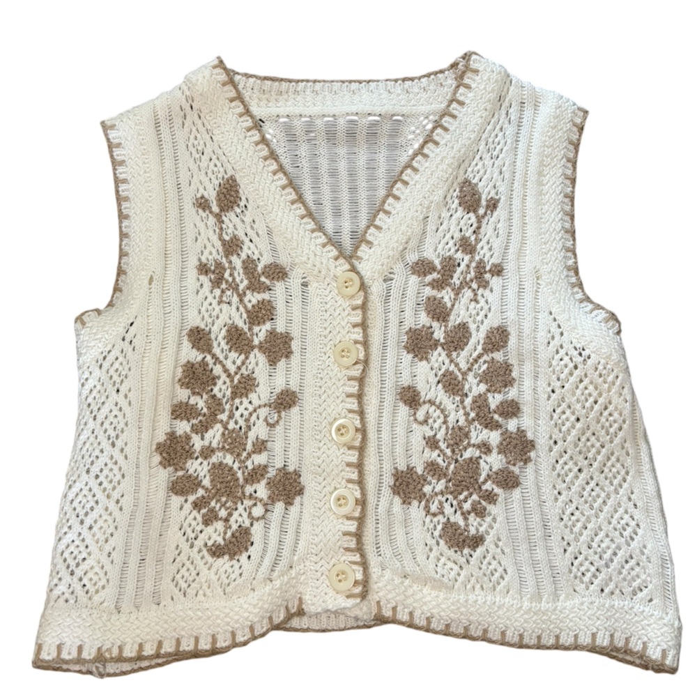 White Crochet Button Top with Brown Floral Appliqué